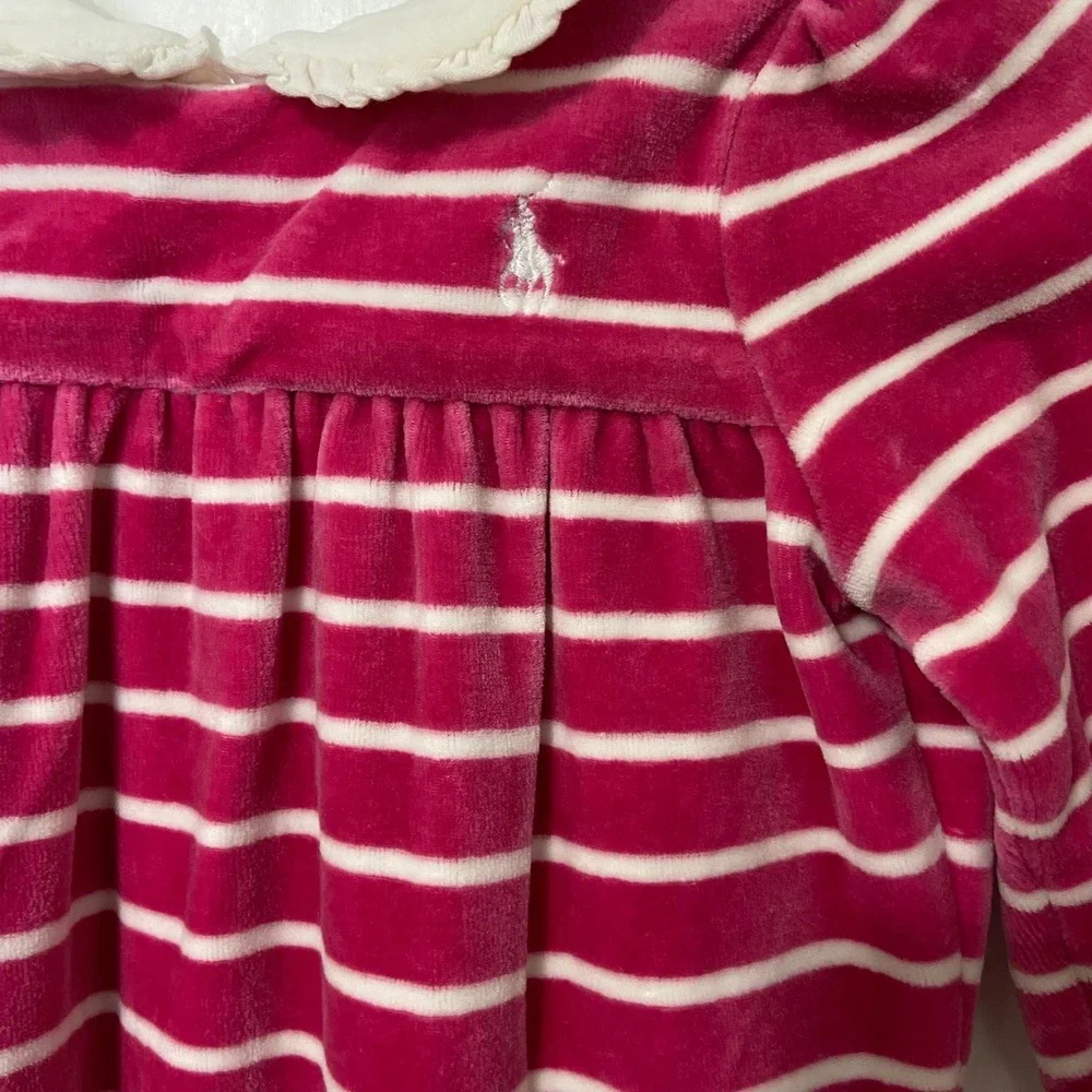 Ralph‎ Lauren 6 Mo. Hot Pink White Striped Velour One Piece Outfit White Collar